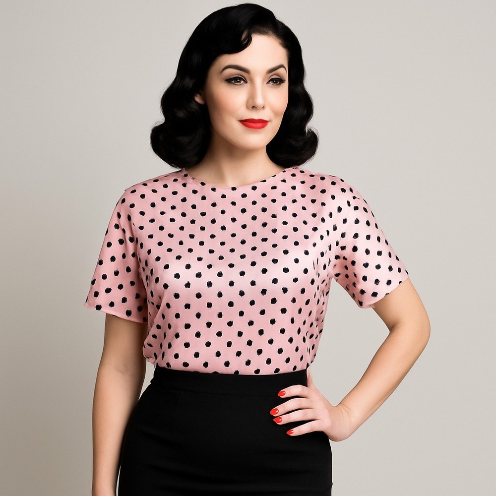 Vintage First Impressions Pink Satin Polka Dot Blouse Top Short Sleeve Size M‎